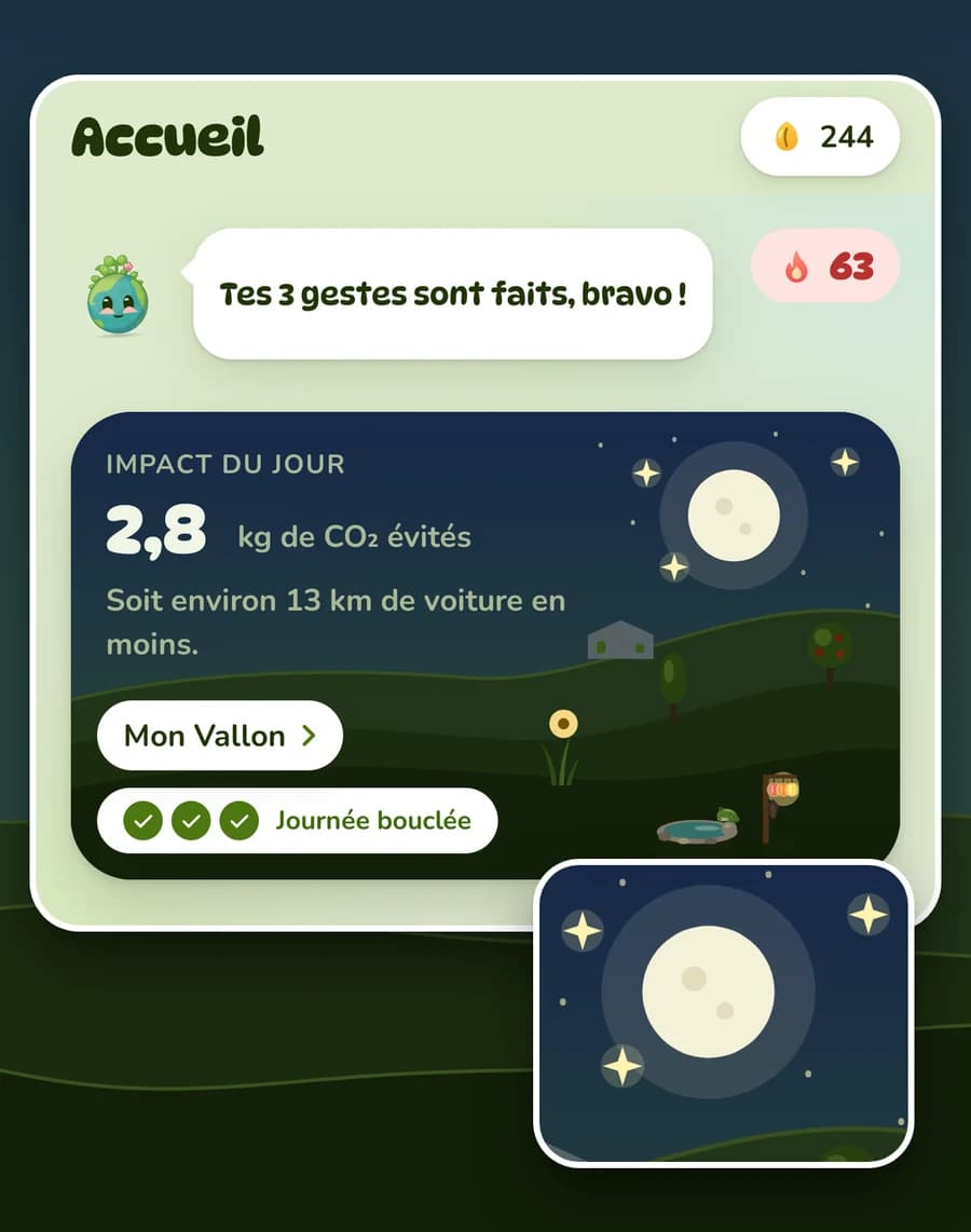 L'accueil de nuit : « Tes 3 gestes sont faits, bravo ! », 2,8 kg de CO₂ évités, journée bouclée, sous un ciel étoilé et une pleine lune.